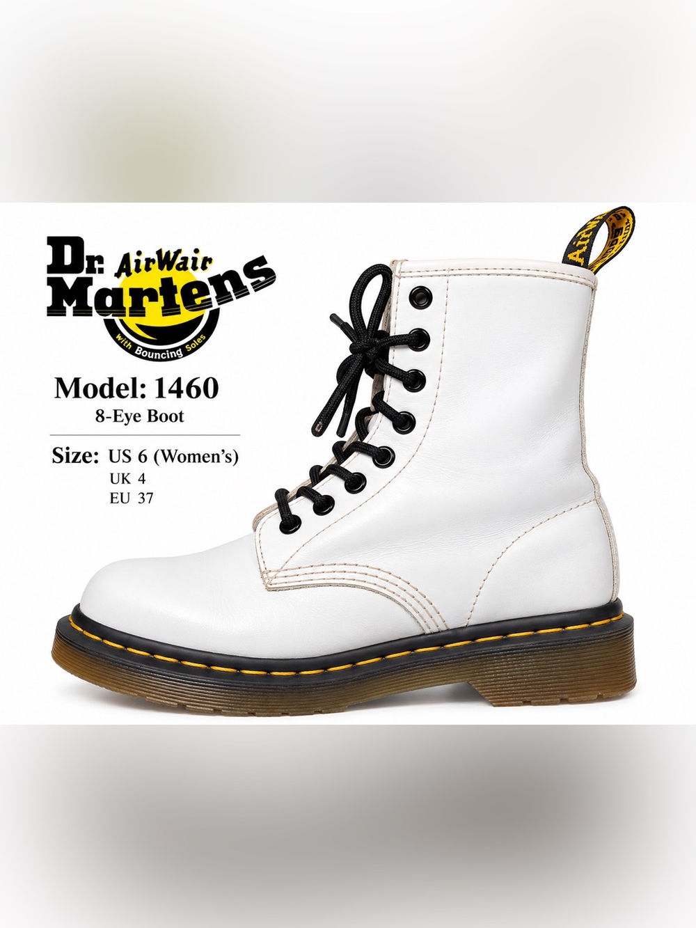 Dr. Martens 1460 White Leather 8-Eye Combat Boots Grunge Punk Y2K US 6 EU 37